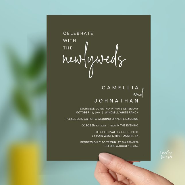 Convites Elegante Celebração da Festa de Casamento após a C (Elegant Wedding Party Post-Ceremony Celebration Invitation card in olive green)