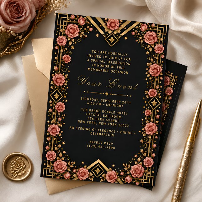 Convites Elegante Celebração da Rosa Gala em Preto e Dourad (Criador carregado)