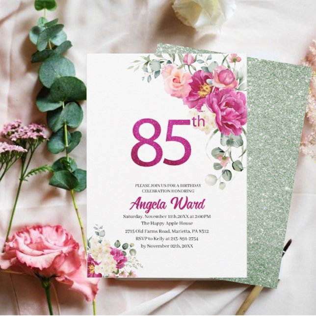 Convites Elegante celebração de aniversário  floral brilho  (Criador carregado)