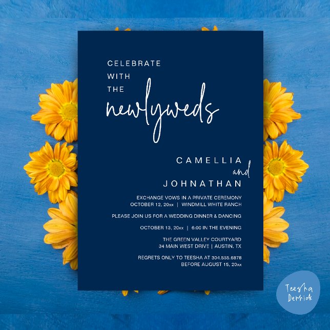Convites Elegante Celebração de Casamento após a Cerimônia (Elegant Wedding Party Post-Ceremony Celebration Invitation card in navy blue)