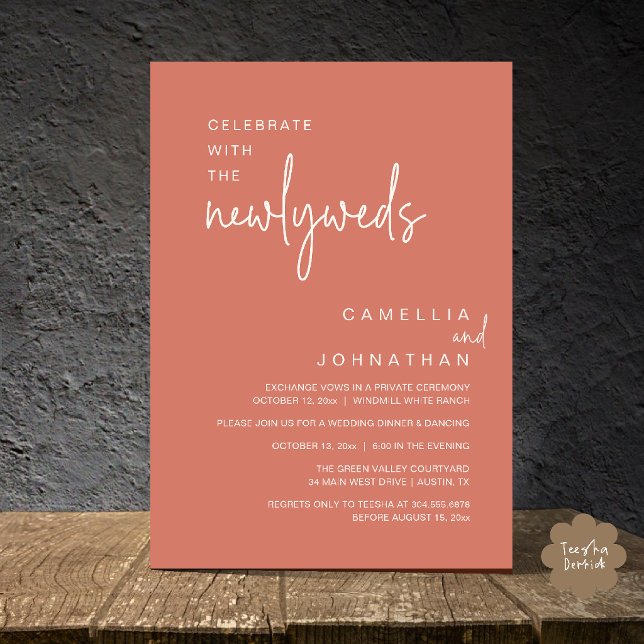 Convites Elegante Celebração de Casamento após a Cerimônia (Elegant Wedding Party Post-Ceremony Celebration Invitation card in terracotta rose)