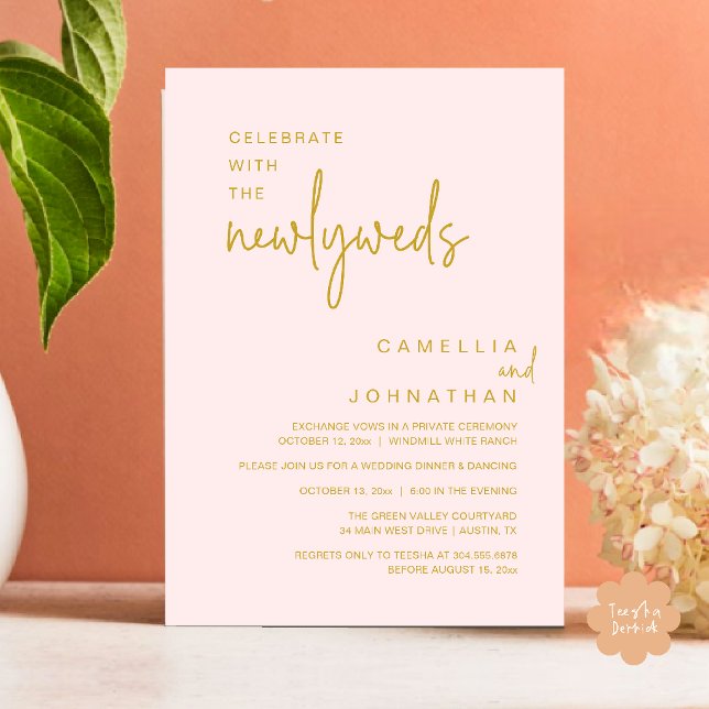 Convites Elegante Celebração de Casamento após a Cerimônia (Elegant Wedding Party Post-Ceremony Celebration Invitation card in gold blush)