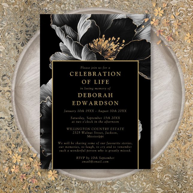 Convites Elegante Celebração de Vida Floral Preta e Dourada (Black And Gold Elegant Floral Celebration Of Life Invitation)