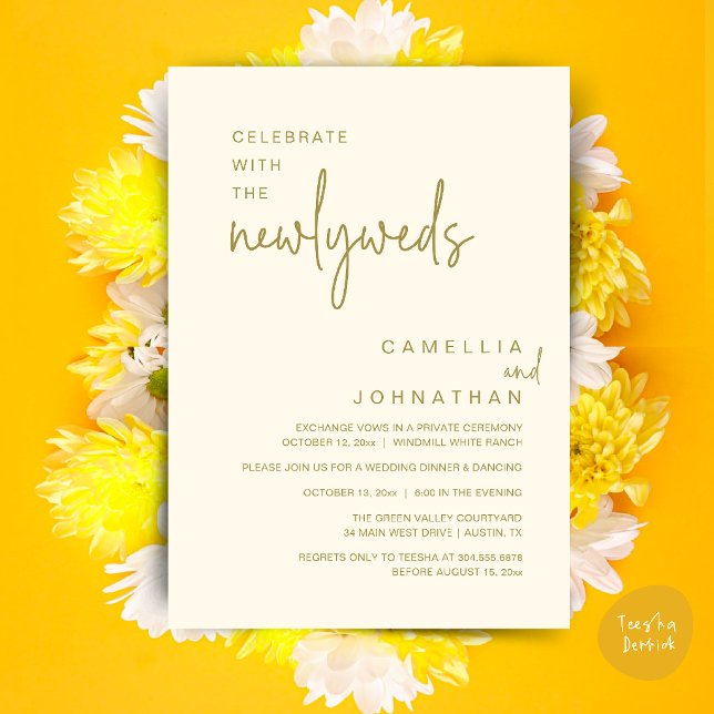 Convites Elegante Celebração do Casamento após a Cerimônia (Elegant Wedding Party Post-Ceremony Celebration Invitation card in yellow cream gold)