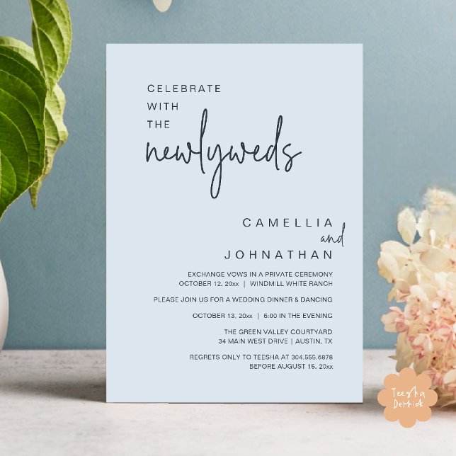 Convites Elegante Celebração do Casamento Após a Cerimônia (Elegant Wedding Party Post-Ceremony Celebration Invitation card in misty blue)