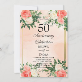 Convites Elegante Celebração Floral de Bodas de Ouro 50 Ano