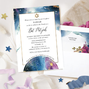 Convites Elegante Celestial Watercolor Bat Mitzvah