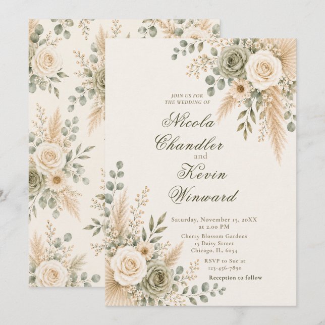 Convites Elegante Cerimônia Floral Neutra (Frente/Verso)