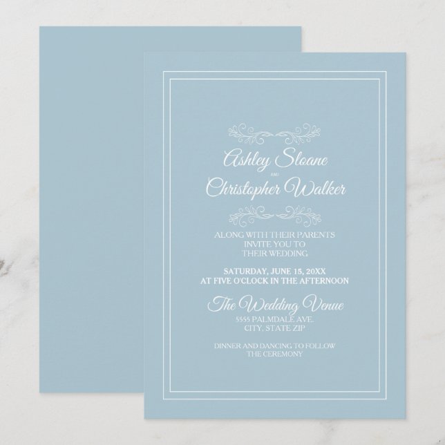 Convites Elegante Céu Azul Empoeirado Branco Casamento (Frente/Verso)