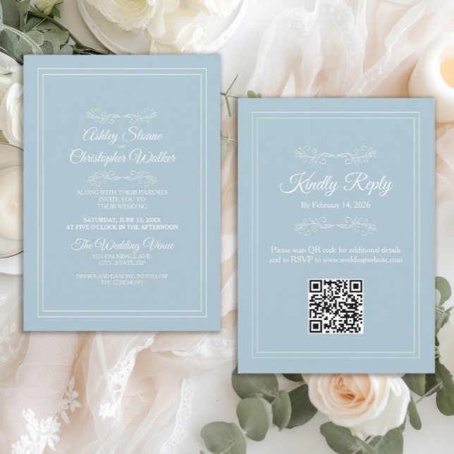 Convites Elegante Céu Azul Empoeirado Branco Código QR Casa (Elegant dusty blue QR code wedding invitation)