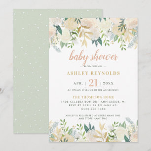 Convites Elegante Chá de Bebê Floral Creme Verde Sálvia