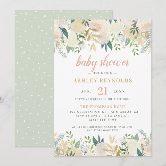 Convites Elegante Chá de Bebê Floral Creme Verde Sálvia (Frente/Verso)