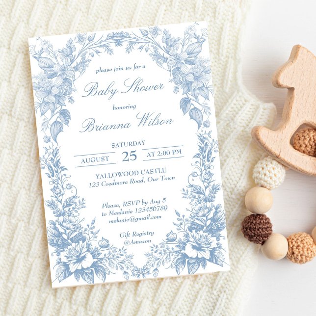 Convites Elegante chá de fraldas azul de galinha (Elegant French toile chinoiserie blue baby shower Invitation editable template boy baby shower)