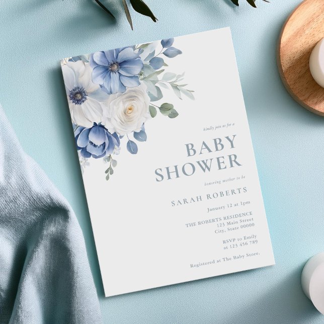 Convites Elegante Chá de fraldas azul floral de inverno (Criador carregado)