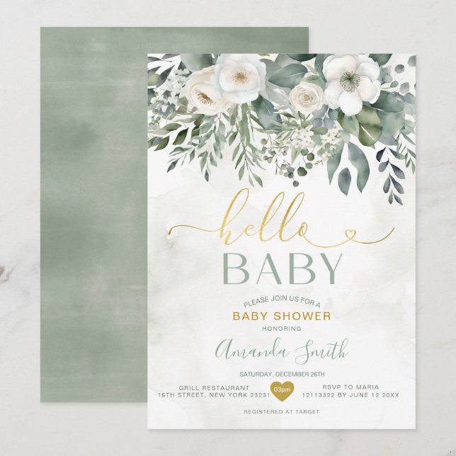 Convites Elegante Chá de fraldas branco Eucalyptus Floral H (Frente/Verso)