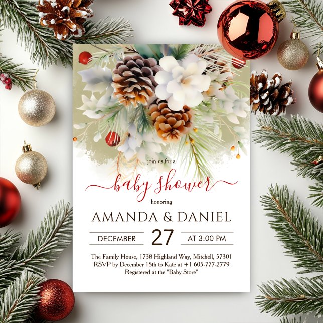 Convites Elegante Chá de fraldas de Aquarela Evergreen Wint (Elegant Winter Evergreen Watercolor Baby Shower Invitation)