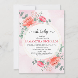 Convites Elegante chá de fraldas de cor de água rosa com ro