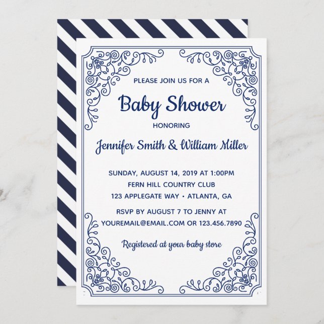 Convites Elegante Chá de fraldas de moldura azul (Frente/Verso)