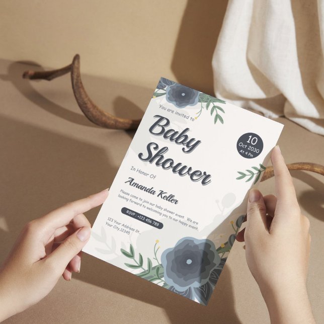 Convites Elegante Chá de fraldas Floral Azul de Aquarela (Criador carregado)