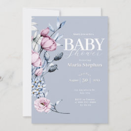 Convites Elegante Chá de fraldas Floral Cor de Água Cor Azu