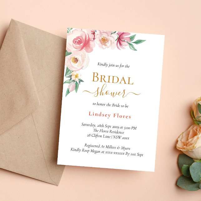 Convites Elegante Chá de Noiva Boho Floral Dourado (Elegant boho floral gold invitation adds chic, free-spirited charm to your shower)
