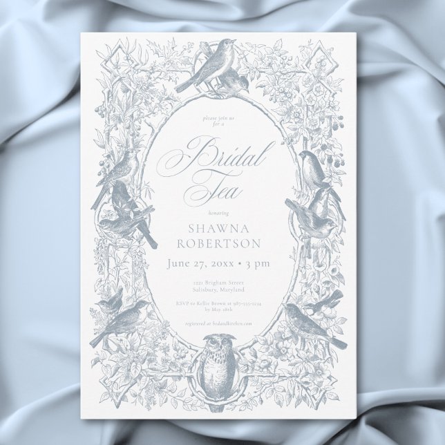 Convites Elegante Chá de Noiva com Pássaros da Natureza em  (Elegant Blue Chinoiserie Nature Birds Bridal Tea Invitation)