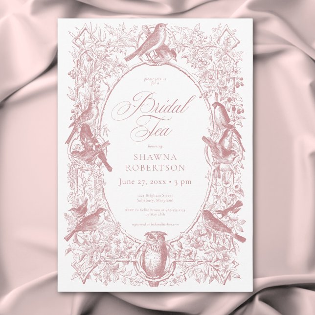 Convites Elegante Chá de Noiva de Pássaros da Natureza em C (Elegant Pink Chinoiserie Nature Birds Bridal Tea Invitation)