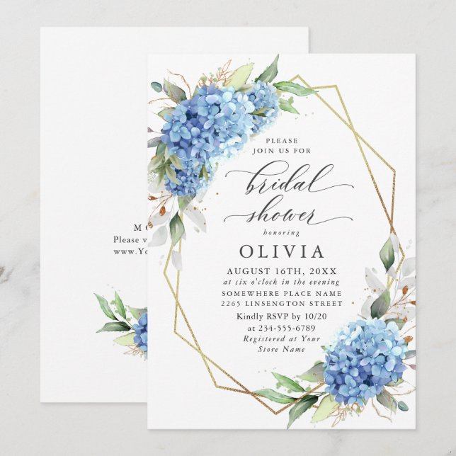 Convites Elegante CHÁ DE PANELA de Hydrangea Azul (Frente/Verso)