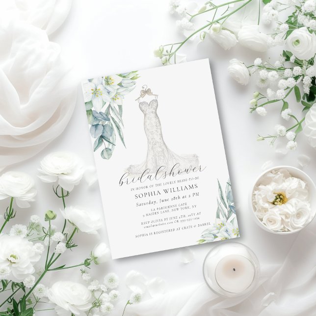 Convites Elegante Chá de panela de Vestido Greenery (This elegant bridal shower invite features a stunning, hand drawn wedding gown and white florals)