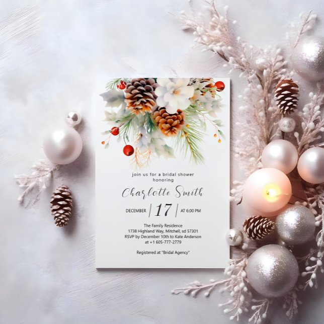 Convites Elegante Chá de panela Evergreen e Rowan de invern (Elegant Winter Evergreen & Rowan Bridal Shower Invitation)