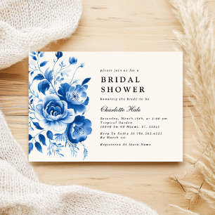 Convites Elegante Chá de panela Floral Azul de Aquarela