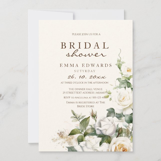 Convites Elegante Chá de panela Floral Beige White Roses (Frente)