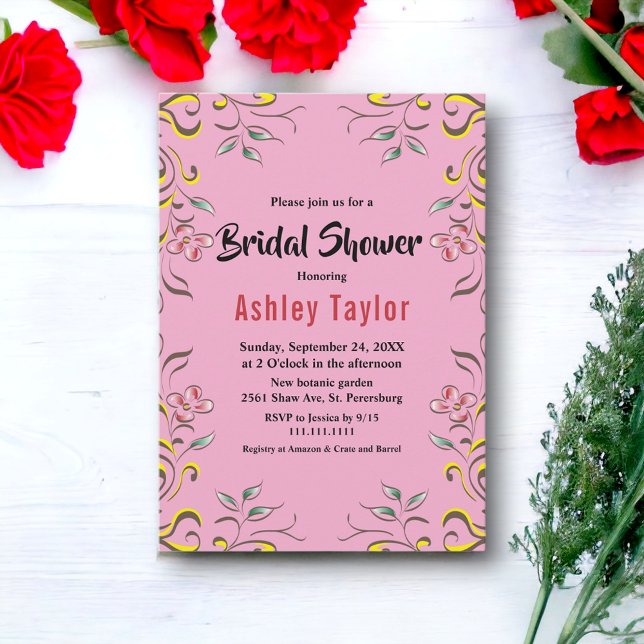 Convites Elegante Chá de panela Floral Rosa-Rosa Espelho Bo (Criador carregado)