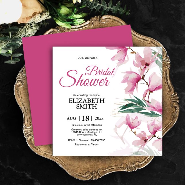Convites Elegante Chá de panela Verde Rosa Floral Moderno (Elegant Modern Floral Pink Greenery Bridal Shower Invitation, Bridal and Brunch)