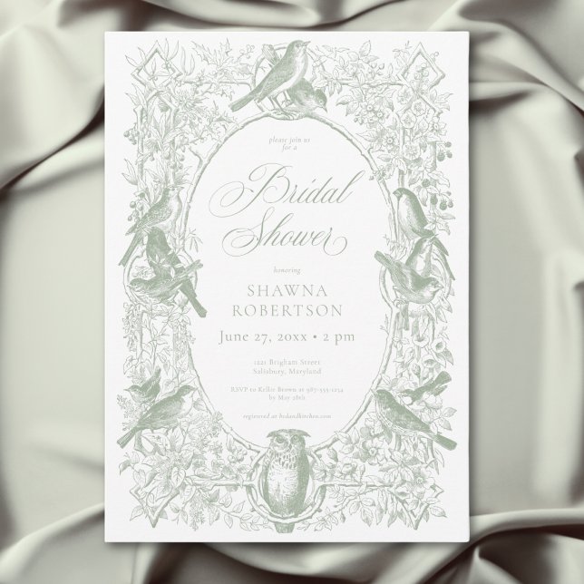 Convites Elegante Chá Verde Chinoiserie Natureza e Aves (Elegant Green Chinoiserie Nature & Birds Shower Invitation)