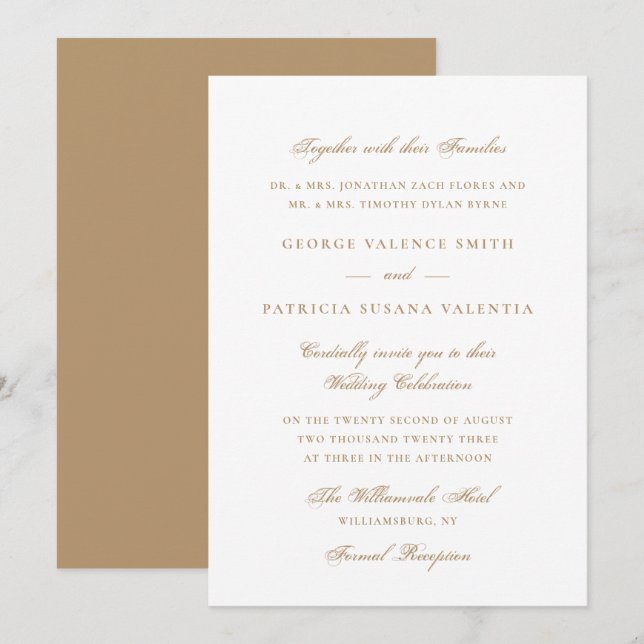 Convites Elegante Champagne Dourado Neutro Casamento (Frente/Verso)