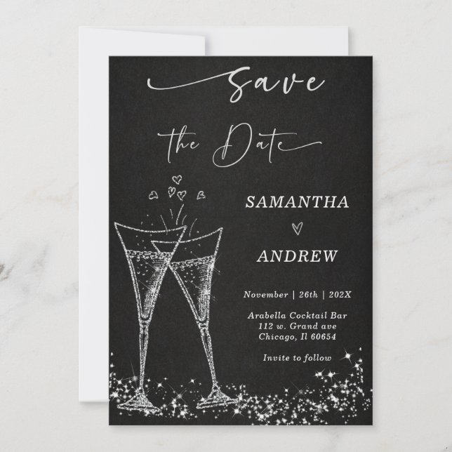Convites Elegante  Champagne Salve a Data Casamento (Frente)
