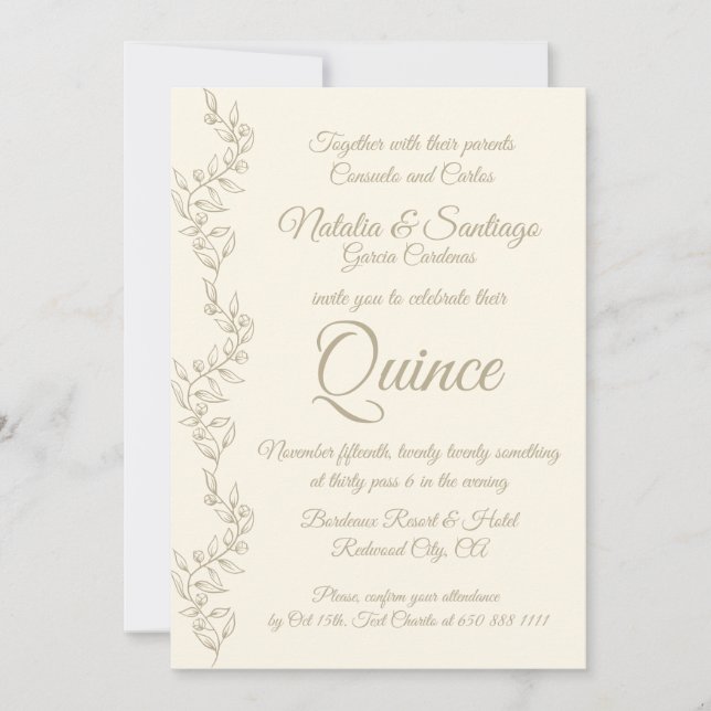 Convites Elegante Champagne Twin Boy Fiesta de Quince (Frente)