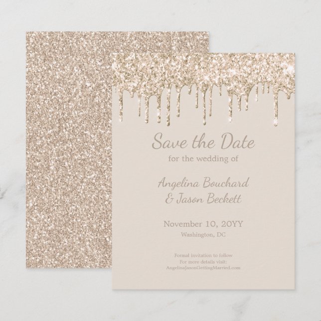 Convites Elegante Champanhe Brilho Casamento Salve A Data (Frente/Verso)