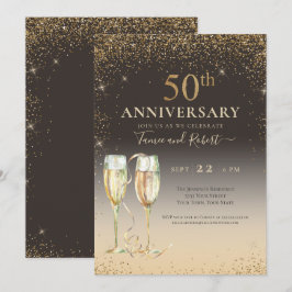 Convites Elegante Champanhe com Brilho Dourado 50º Aniversá