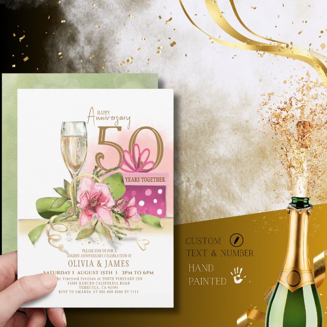 Convites Elegante Champanhe de Aniversário de Casamento de  (Elegant Golden 50th Wedding Anniversary Champagne Invitation)