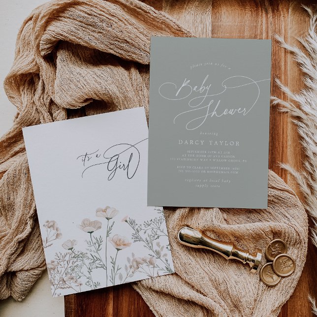 Convites Elegante Charm Sage Green Wildflower Chá de fralda (Elegant Charm Sage Green Wildflower Baby Shower Invitation)