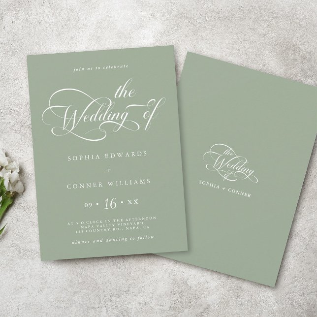 Convites Elegante Charm Script Wedding Sage Green (Front & Back)