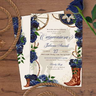 Convites Elegante Charro Blue Rosa Western Boots Quinceaner