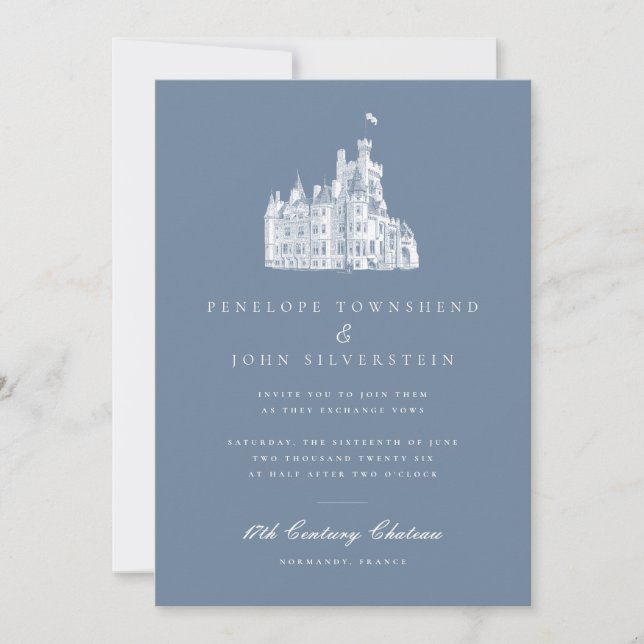 Convites Elegante Château Ilustração Casamento Azul Francês (Frente)