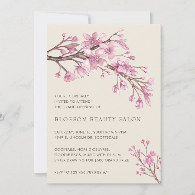 Convites Elegante Cherry Blossom Beauty Salon Grand Open (Frente)