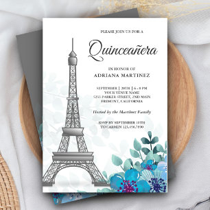 Convites Elegante Chic Azul Floral Torre Eiffel Quinceanera