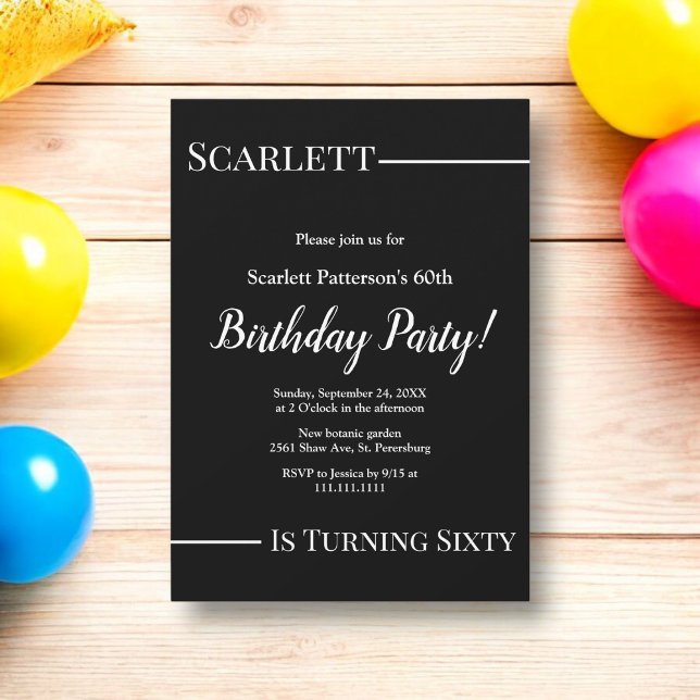 Convites Elegante Chic Black and White Simple 60th Birthday (Criador carregado)