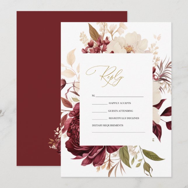 Convites Elegante Chic Borgonha Flores Brancas RSVP   (Frente/Verso)