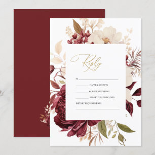 Convites Elegante Chic Borgonha Flores Brancas RSVP